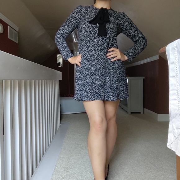 Zara Black Mini Dress, Star Print, Bowtie Neck, XS - Picture 2 of 7